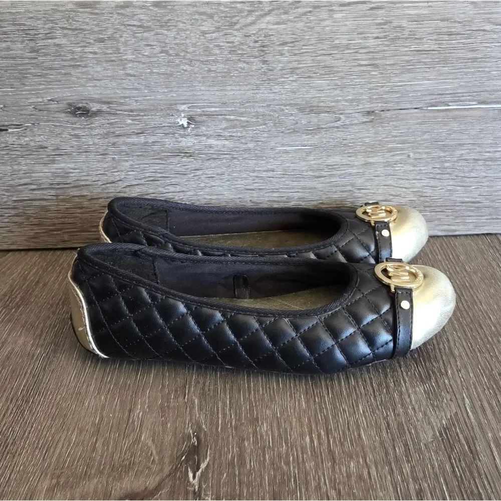 MICHAEL Michael Kors Jenna Quilted Black Ballet Flats with Gold Cap Toe Size  3